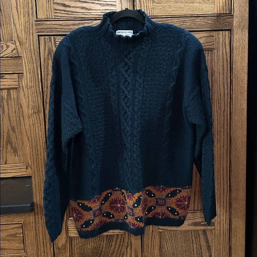 Vintage Evan Picone Hand Knit Wool Mohair Cable Sweater Teal Aztec Women's Large